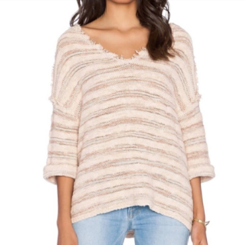 Free People Spells Trouble Frayed Beige Striped V Neck Pullover Top Size L